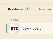 A screenshot showing a trading position interface with a long position of 1000× on BTC (Bitcoin) at the top of the list.