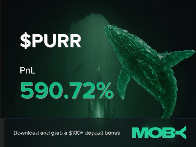 A promotional graphic for Moby Mobile displays a "Win Alert" featuring a $PURR trade with a +590.72% PnL, set against a dark green background with an emerald-tinted whale illustration, alongside a call-to-action offering a $100+ deposit bonus via the Moby logo.