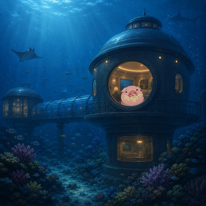 A pink cartoon character (MakerWaddles) sits in a luxurious underwater bunker, visible through a circular porthole, surrounded by sharks, schools of fish, and coral reefs. The post humorously suggests the bunker dweller's absence caused the market dip.