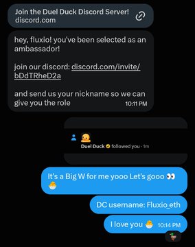 A screenshot of a direct message exchange on Discord inviting a user named 'fluxio' to the Duel Duck Discord Server, followed by messages saying 'It's a Big W for me yooo Let's gooo' and 'I love you' along with the username 'DC username: Fluxio.eth'.