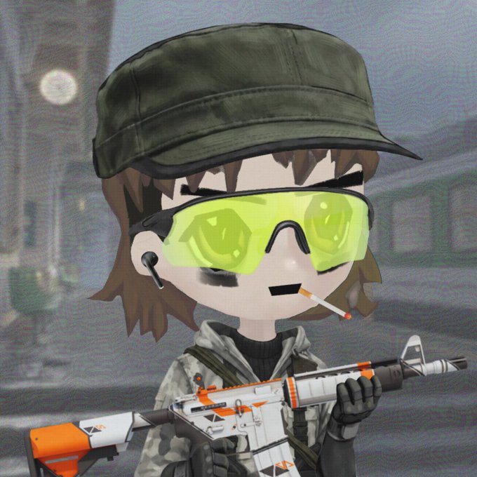 A chibi-style cartoon character wearing a green military cap, yellow tinted glasses, and camouflage clothing while holding a white and orange assault rifle with a small cigarette in their mouth.