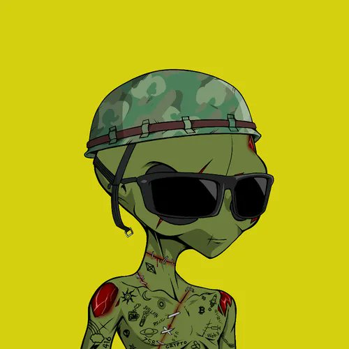 A cartoon zombie alien wearing a military helmet and sunglasses against a yellow background, covered in tattoos and scars.