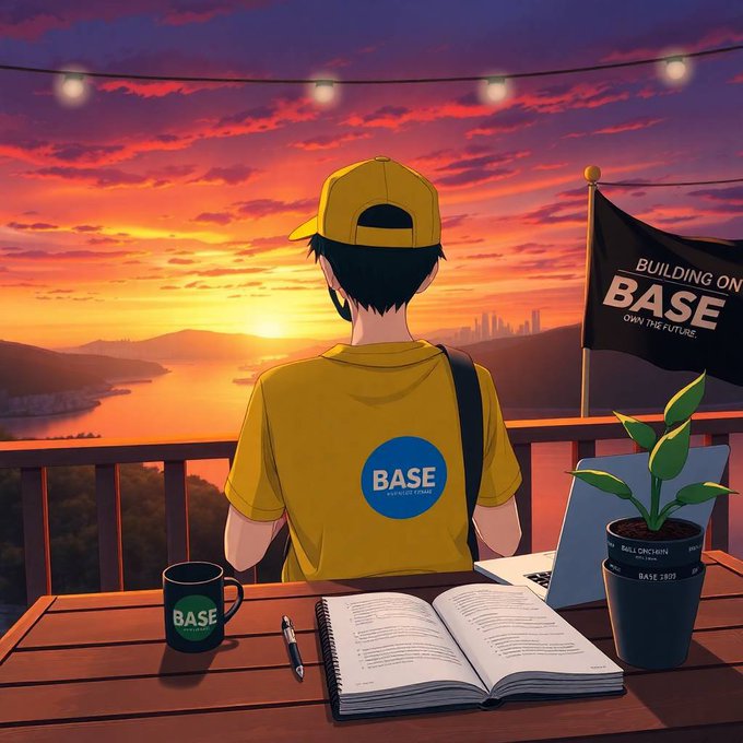 An anime-style illustration shows a person in a yellow 'BASE' t-shirt and cap overlooking a sunset from a balcony, with a laptop, notebook, and 'BASE' branded mug on the desk.