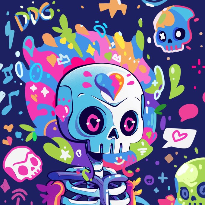 A vibrant, colorful pixel art illustration features a blue and white skull with large expressive eyes, surrounded by graffiti-like splashes of color and smaller skulls.