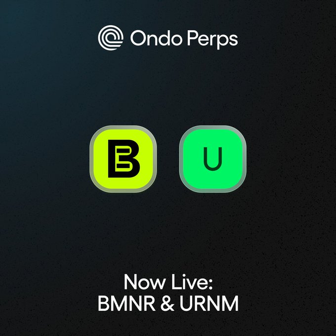 The image is a promotional graphic for Ondo Perps featuring two stylized app icons—a black "B" on a bright yellow background and a black "U" on a green background—representing the newly launched tickers $BMNR (Bitmine) and $URNM (Sprott Uranium Miners ETF), with the header "@ Ondo Perps" and the announcement "Now Live: BMNR & URNM" displayed against a dark gradient background.
