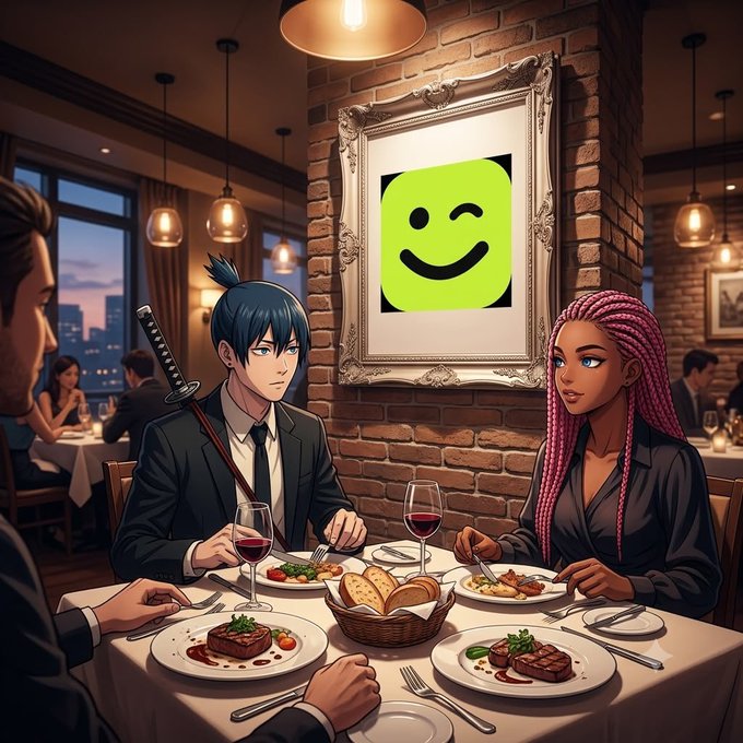 An anime-style scene in a restaurant where three characters dine together, with one having a sword on his back, all looking toward a framed, winking green smiley face icon hanging on a brick wall.