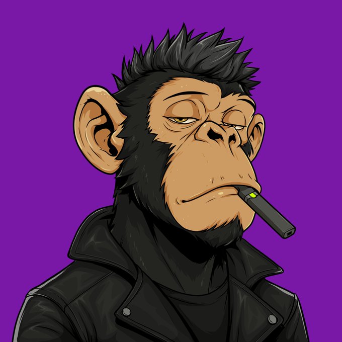 A cartoon-style digital illustration of a monkey with spiky black hair and a human-like face, wearing a black leather jacket and smoking a vape pen against a purple background.