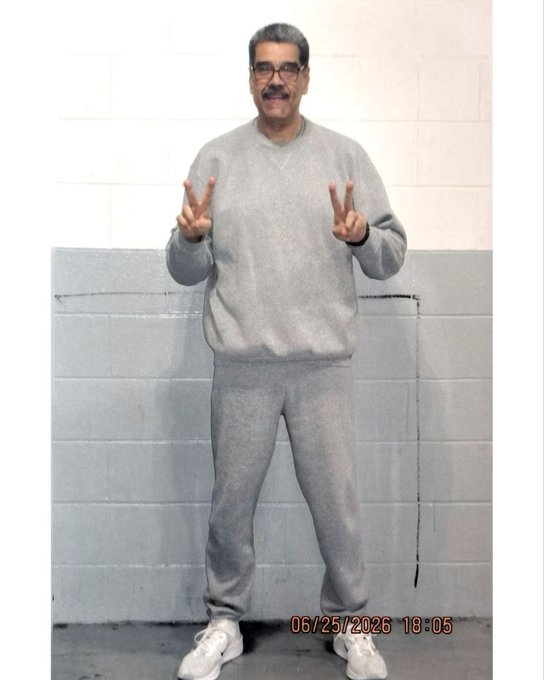 A man in a gray sweatshirt and sweatpants makes double peace signs while standing against a cinder block wall, with a timestamp of 06/25/2026 18:05 visible.