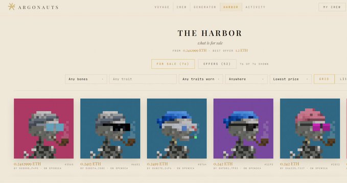 The image shows "The Harbor" marketplace on the Argonauts website, displaying pixel-art skeleton NFTs for sale starting at 0.241999 ETH (best offer 1.2 ETH), with options to filter by bones, traits, trait wear, location, and price, along with 76 NFTs for sale and 52 active offers—illustrating the new direct buying/selling functionality mentioned in the post.
