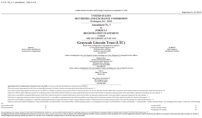 This image shows the cover page of an SEC Form S-3 Registration Statement (Amendment No. 1) filed by **Grayscale Litecoin Trust (LTC)**, identified as a **Securities Exchange Commission filing**, with Grayscale Investments, LLC listed as the Sponsor. The form details the proposed ticker "LTC" and CUSIP, with Davis Polk & Wardwell LLP and Linklaters LLP serving as counsel, directly supporting the accompanying post's implication that there's "something" notable about this filing—specifically, the formal SEC registration of a Litecoin-based investment trust.