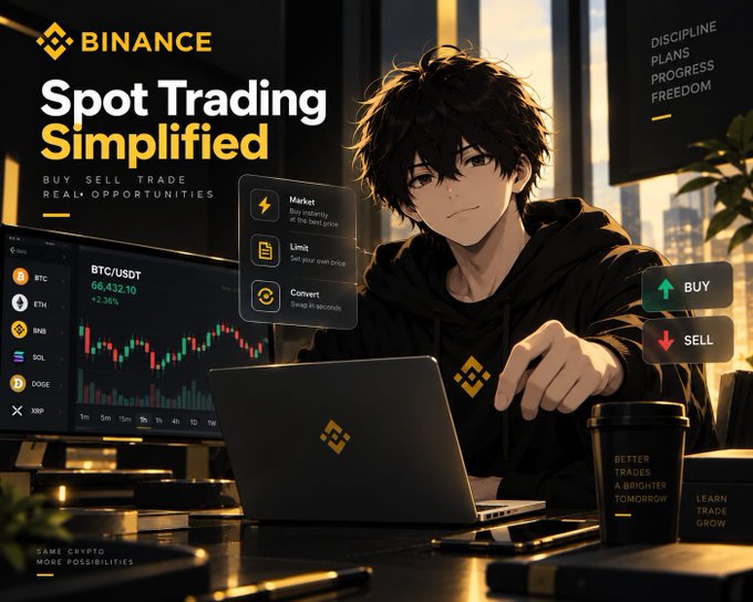 A promotional banner for Binance featuring an anime-style character at a laptop, with text 'Binance Spot Trading Simplified', 'BUY SELL TRADE REAL OPPORTUNITIES', and labels for 'Market', 'Limit', and 'Convert' trading options alongside a BTC/USDT chart.