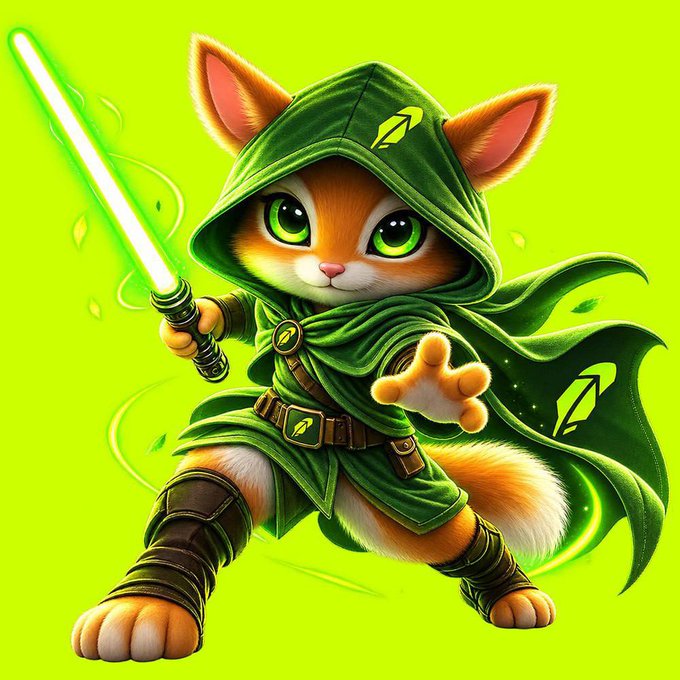 A cartoon orange cat dressed as a Jedi in a green hooded robe, wielding a glowing green lightsaber against a bright green background.