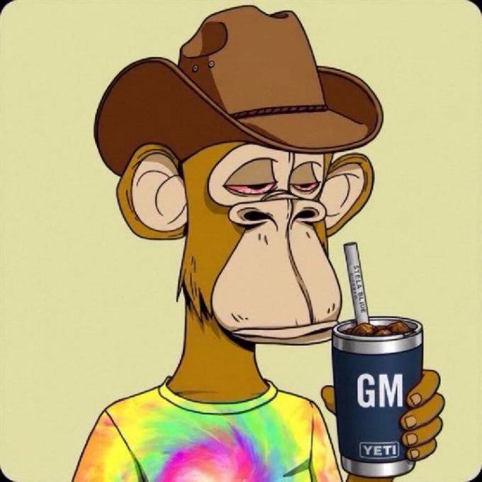 A cartoon illustration of a Bored Ape-style monkey wearing a cowboy hat and tie-dye shirt, holding a YETI tumbler labeled "GM" with a straw.