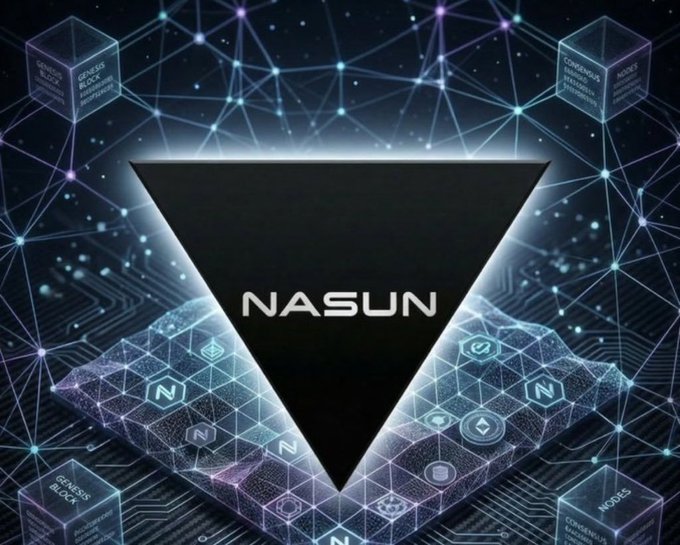 A digital graphic featuring a downward-pointing black triangle with the text 'NASUN' inside it, set against a futuristic background of glowing connected cubes and nodes labeled 'GENESIS BLOCK' and 'NODES'.