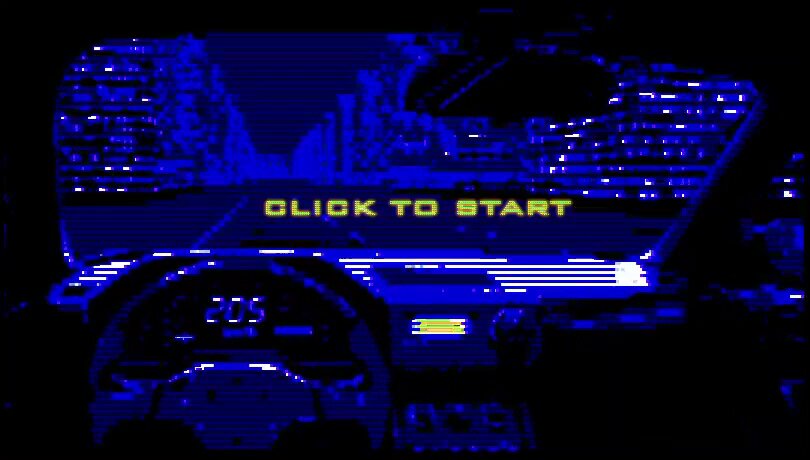 The image features an old arcade game with a blue screen displaying a car driving down a road. The game has a retro aesthetic and includes text that reads "Click To Start" at the top of the screen, indicating that the player should start the game immediately. There are also several other artists involved in creating this game, including @DV_gh0st, @augore_zofi, @stipinpixel, and @LandPractice. The image is accompanied by a caption that provides information about the game's creators and their involvement in its development.