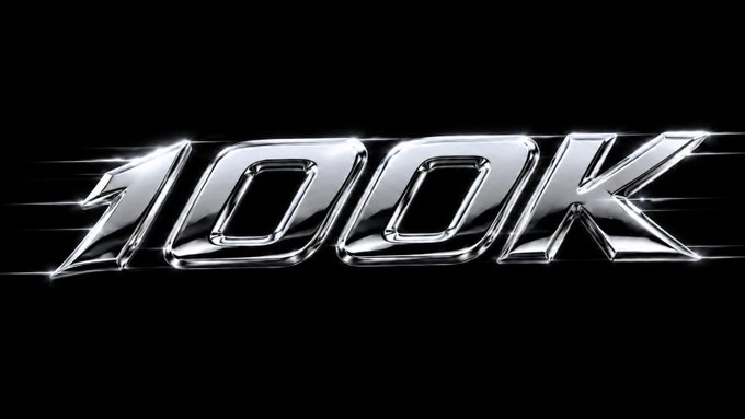 The image displays the stylized chrome "100K" logo on a black background, symbolizing the milestone of surpassing $100,000 in valuation or funding. This visually represents GTE DEX's successful $25M funding round, including a $15M Series A led by Paradigm, as it transitions from MegaETH to establish its own infrastructure.