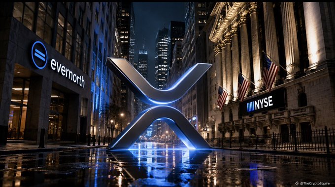 A digital artwork showing a glowing XRP logo in front of the New York Stock Exchange at night, with Evernorth branding on a nearby building.