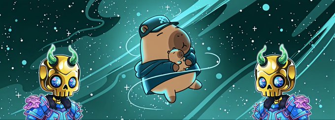 A digital illustration of a cartoon capybara wearing a baseball cap and blue scarf surrounded by two golden horned skull-mask figures against a cosmic teal background.