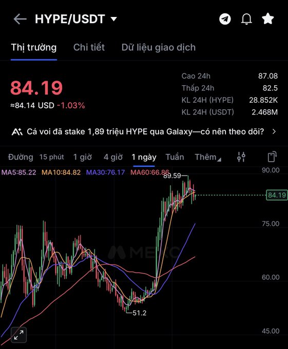 A cryptocurrency trading chart displays the HYPE/USDT pair at 84.19 USD (-1.03%), showing candlestick patterns and moving averages with a 24h high of 87.08 and low of 82.5.