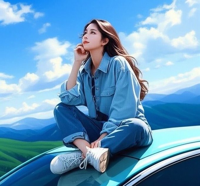 An anime-style illustration of a woman in a denim shirt and jeans sitting cross-legged on a turquoise car roof, gazing thoughtfully at the sky with mountains in the background.