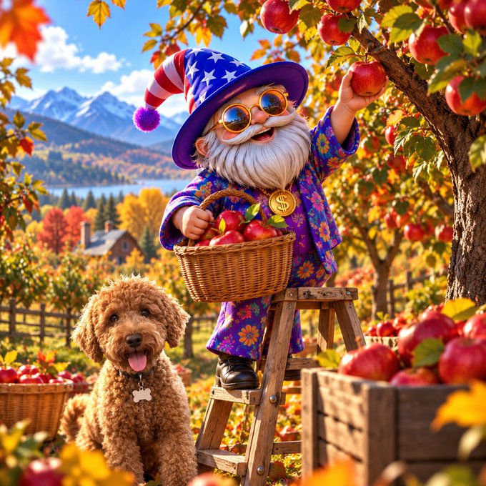 A whimsical gnome wearing a purple outfit and stars-and-stripes top hat picks apples from a tree while holding a basket of red apples, accompanied by a brown poodle in an autumn orchard.