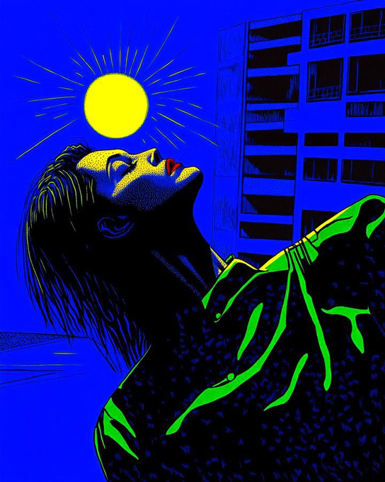 A stylized pop-art illustration featuring a woman with her head tilted back against a deep blue sky, illuminated by a bright yellow sun, with a high-rise apartment building looming in the background.
