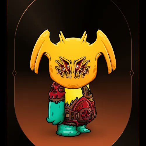 A yellow cartoonish creature with horn-like protrusions and red armor stands inside an arched doorway frame, featuring multiple small eyes on its face.