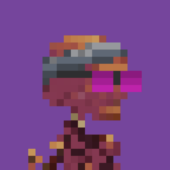 A heavily pixelated/mosaic-style portrait of a person with blonde hair wearing sunglasses and a red/purple outfit against a solid purple background.
