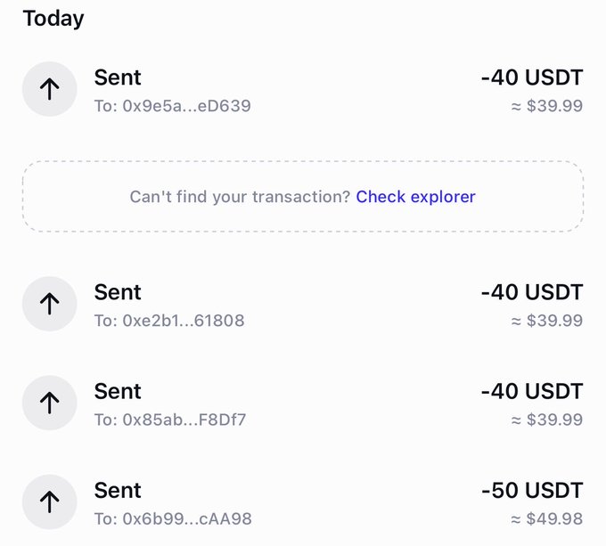A crypto transaction history showing four outgoing USDT transfers today totaling approximately $170, with amounts of -40 USDT, -40 USDT, -40 USDT, and -50 USDT sent to various wallet addresses.