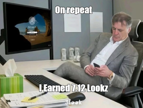 The image shows an older man sitting at a desk, looking at his cell phone while wearing a suit. The text of the post reads "On repeat I earned 7.12 Lookz 3lookk", which seems to be a humorous take on the idea that one can build their own future through social media and online content creation.