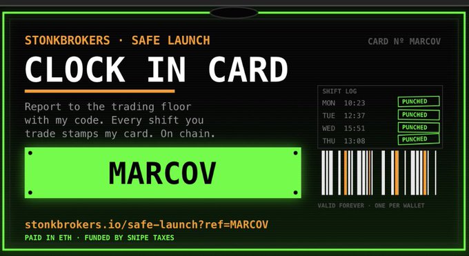 A green and black themed promotional graphic for "STONKBROKERS · SAFE LAUNCH" featuring a "CLOCK IN CARD" for user MARCOV, displaying a shift log with all entries marked as "PUNCHED" and a barcode.
