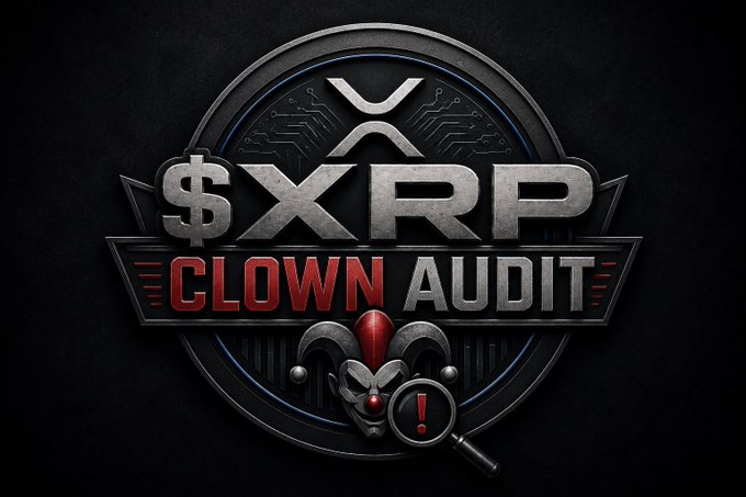 A metallic circular emblem displays "$XRP CLOWN AUDIT" above a menacing jester mask beside a magnifying glass containing an exclamation mark, visually branding @XRPArmyNews1 as the subject of a tongue-in-cheek scrutiny.