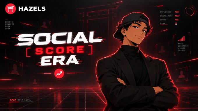 Promotional graphic for "HAZELS" featuring "SOCIAL [SCORE] ERA" text with an anime-style character wearing a black cap and jacket against a red digital background with UI elements like "INFLUENCE", "ENGAGEMENT", and "IMPACT" stats.