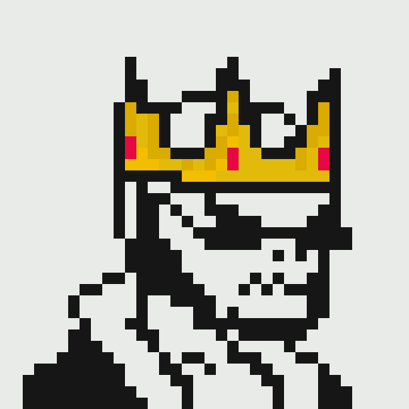 Pixel art illustration of a skull wearing a gold crown with red jewel accents on a white background.