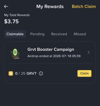 A "My Rewards" page from Binance showing a total of $3.75 with a Claimable tab featuring the Grvt Booster Campaign, where 0 of 25 GRVT has been claimed and the airdrop ended on 2026-07-18. The user notes they received the full 25 GRVT (~$8) allocation through the campaign.