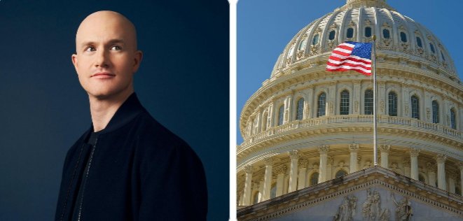 A split image showing Coinbase CEO Brian Armstrong in a dark bomber jacket on the left, paired with the U.S. Capitol building flying the American flag on the right, visually reinforcing his message that U.S. crypto regulation continues to advance through federal legislative and regulatory channels regardless of legislative delays.