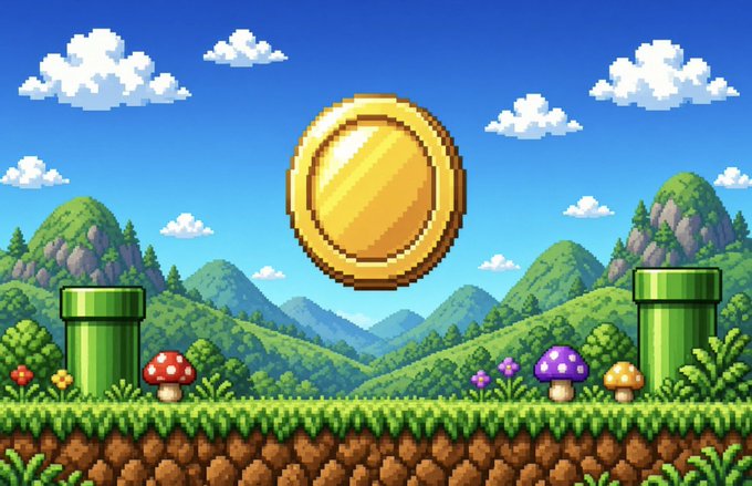 A pixel art landscape featuring a large gold coin floating in the sky above green hills, blue mountains, and Super Mario-style green pipes and mushrooms.