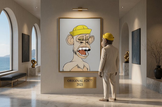 An art gallery scene showing a man in a white suit and yellow hat admiring a large cartoon-style portrait of a Bored Ape wearing a yellow cap, labeled 'Original #2877, 2021'.