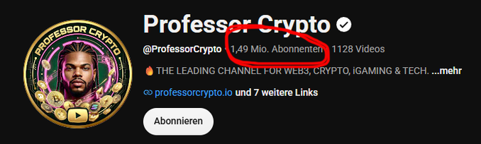 A YouTube channel header for 'Professor Crypto' showing 1.49 million subscribers (circled in red), describing itself as 'THE LEADING CHANNEL FOR WEB3, CRYPTO, iGAMING & TECH'.