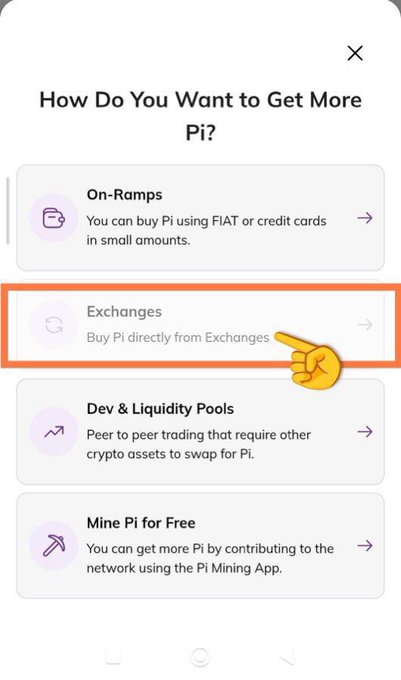 The Pi Wallet screen offers ways to get more Pi, with “Exchanges — Buy Pi directly from Exchanges” highlighted. This relates to the post’s note that only exchanges on the KYB-approved list will be able to use Pi Wallet’s swap function.