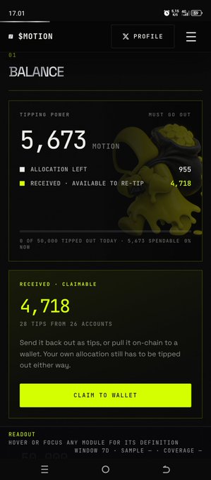 A mobile app screen for '$MOTION' displays a 'TIPPING POWER' balance of 5,673 MOTION with 4,718 received/claimable, featuring a 'CLAIM TO WALLET' button in lime green.