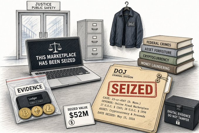 An illustration depicting a DOJ (Department of Justice) seizure scene with a laptop displaying 'THIS MARKETPLACE HAS BEEN SEIZED', a 'SEIZED' stamp on a case file (Case: 23-cr-4567), evidence bag with crypto coins, books titled 'FEDERAL CRIMES', 'ASSET FORFEITURE', 'CRYPTOCURRENCY', and 'MONEY LAUNDERING', and a seized value of $52M.