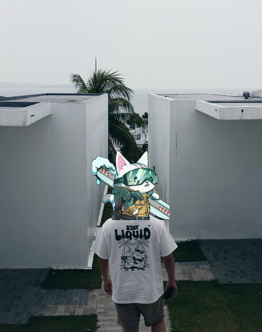 A person wearing a 'STAY LOUD' t-shirt standing between white walls with a palm tree and ocean view, their face obscured by a cat character sticker holding weapons.