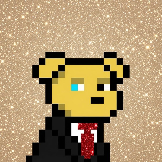 A pixel art illustration of a yellow-furred fox or dog character wearing a black suit and a sparkly red tie against a golden glitter background.