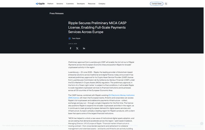 A press release from Ripple dated June 23, 2026, announces that the company has secured a preliminary MiCA CASP license from Luxembourg's CSSF, enabling full-scale Ripple Payments services across the European Economic Area. The article quotes Cassie Craddock, Ripple's UK and Europe Managing Director, highlighting MICA's role in accelerating digital asset adoption and positioning Ripple for broader crypto services expansion.