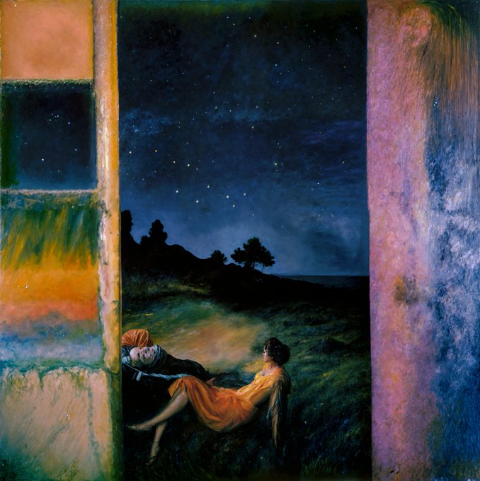 A painting of two figures resting in a grassy landscape under a dark, starry night sky, viewed through an opening framed by colorful, textured walls.