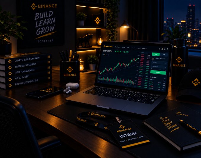 A nighttime desk setup featuring a laptop displaying a Binance BTC/USDT trading chart, surrounded by Binance-branded books, an intern ID badge, a cap, and other merchandise.