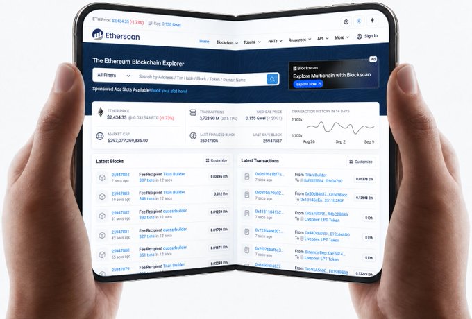 Two hands hold a foldable smartphone displaying the Etherscan Ethereum Blockchain Explorer, showing an ETH price of $2,434.35 (-1.73%), market cap of $297 billion, and live blocks and transactions feeds—reinforcing Etherscan's role as "The Original Scan" for exploring on-chain DeFi activity.