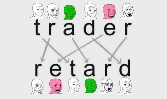 The image features the "soyjak vs chad" meme format, showing the word "trader" with various soyjak faces above it and "retard" below, connected by crossing arrows that scramble the letters. It humorously illustrates how traders often buy at the top (retarded entry) and sell at the bottom, suggesting that entering "retard" positions on coins like $CYBERLEEK after a pump is a classic trader mistake the poster may be falling into.
