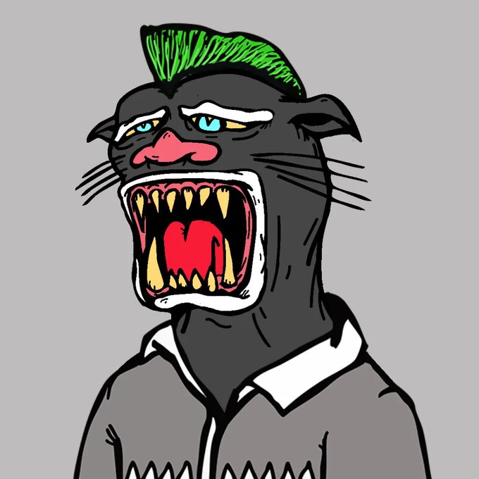 A cartoon black panther with a bright green mohawk screams with its mouth wide open, showing sharp teeth and a red tongue. It appears to be the “shitty NFT” referenced in the post, with the handle “@ShittyPanther.”